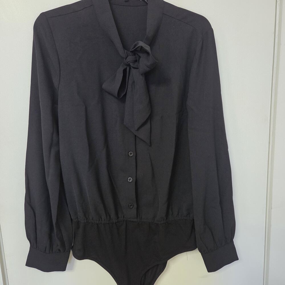 Kate Kasin NWT Bodysuit Womens M Black Bow Tie Blouse Long Sleeve Office Casual